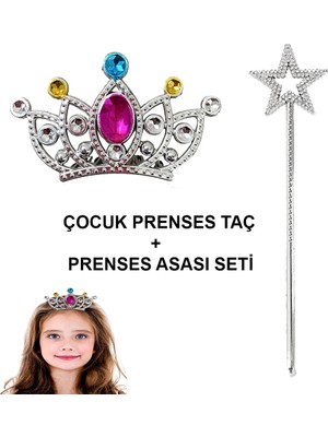 Renas Store Mey Ithalat® Çocuklar Için Taraklı Prenses Tacı ve Prenses Yıldız Asa Seti Gümüş