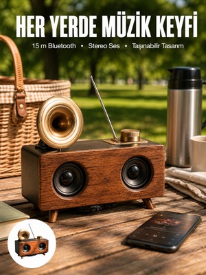 Renas Store Mey Ithalat® Bluetooth Hoparlör Ahşap Klasik Retro Gramofon Bluetooth Müzik Kutusu