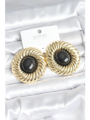 Renas Store Mey Ithalat® Pirinç Gold Renk Siyah Boncuklu Vintage Kadın Küpe