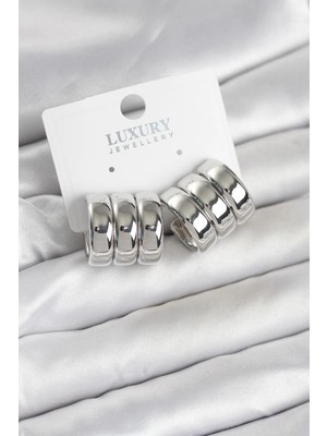 Renas Store Mey Ithalat® Pirinç Gümüş Renk Üçlü Görünüm Kadın Küpe