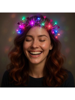 Renas Store Mey Ithalat® Kalp Püsküllü Gece Parıltısı 3 Modlu Led'li Işıklı Taç Fuşya Renk