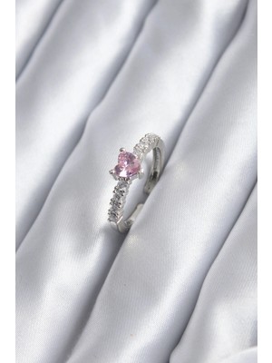 Renas Store Gümüş Renk Zirkon Taşlı Pembe Kristal Kalp Model Kadın Yüzük