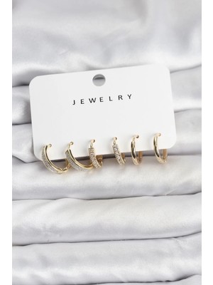 Renas Store Zirkon Taşlı Gold Renk Pirinç Kadın Küpe Seti TJ-BKP11481