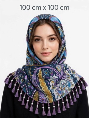 Huzurlu İpek Başörtüsü Lavanta Mavi Desenli Ince Kaliteli Ince Yazlık 1 Adet Kaliteli Kullanışlı Güzel Şık ( Edadı : 100 cm x 100 cm )