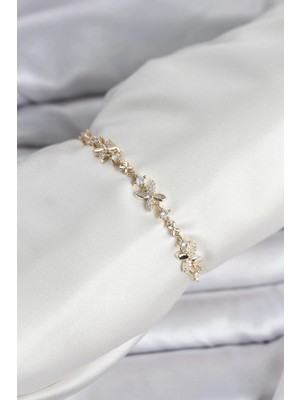 Renas Store Gold Renk Yonca Model Zirkon Taşlı Asansörlü Kadın Bileklik