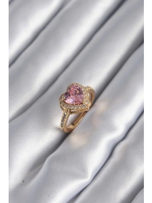 Renas Store Pirinç Gold Renk Pembe Zirkon Taşlı Charm Kalp Model Kadın Yüzük