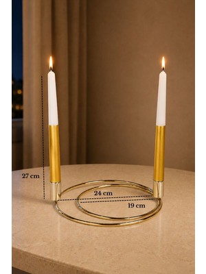 Edora Home Parlak Altın 2'li Dekoratif Metal Halka Şamdan, 2 Adet Gold-Beyaz Mum Ince Uzun - Dekoratif Mumluk