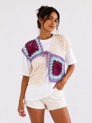 Nileq Boutique Granny Renkli Örgü Yelek