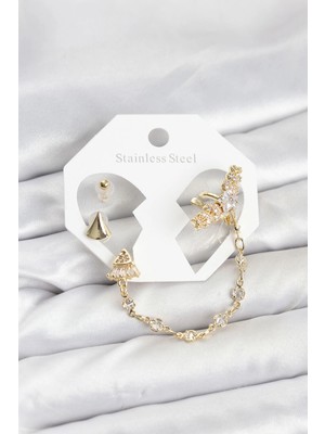 Renas Store Pirinç Gold Renk Yıldızlı Model Zincir Bağlantılı Ear Cuff Küpe Seti