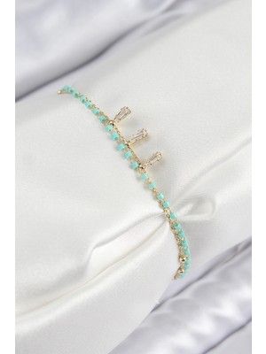Renas Store Pirinç Zirkon Taşlı Mavi Boncuklu Model Gold Renk Kadın Bileklik