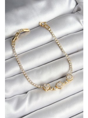 Renas Store Pirinç Sıralı Kalp Figürlü Zirkon Taşlı Gold Renk Kadın Bileklik