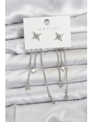 Renas Store Kutup Yıldızı Model Gümüş Renk Pirinç Sallantılı Kadın Küpe
