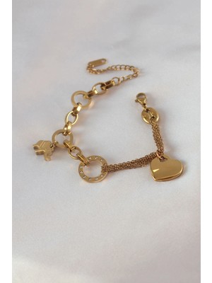 Renas Store 316L Çelik Gold Renk 2'li Zincir Model Zirkon Taş Detay Kadın Bileklik