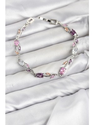 Renas Store Pirinç Gümüş Renk Pembe ve Mor Zirkon Taşlı Çiçek Model Kadın Bileklik