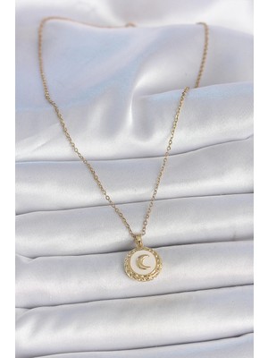 Renas Store 316L Çelik Gold Renk Zincir Beyaz Mineli Hilal Işlemeli Madalyon Model Kadın Kolye