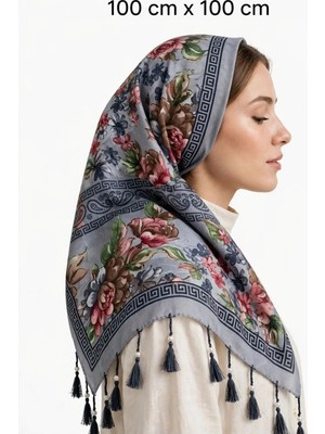 Huzurlu İpek Başörtüsü Gri Gül Desenli Ince Kaliteli Ince Yazlık 1 Adet Kaliteli Kullanışlı Güzel Şık ( Edadı : 100 cm x 100 cm )