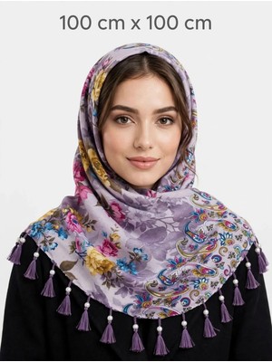 Huzurlu İpek Başörtüsü Lavanta Gül Desenli Desenli Ince Kaliteli Ince Yazlık 1 Adet Kaliteli Kullanışlı Güzel Şık ( Edadı : 100 cm x 100 cm )