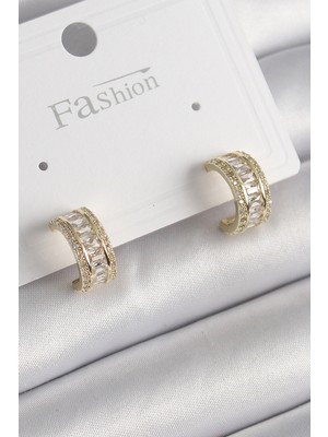 Renas Store Pirinç Gold Renk Zirkon Taşlı Halka Model Kadın Küpe