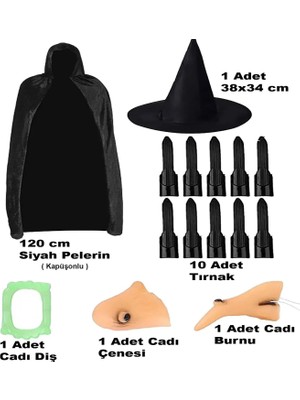 Renas Store Mey Ithalat® Siyah Kapüşonlu Pelerin 120 cm Tırnaklar Diş Çene Burun ve Şapka Seti