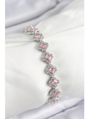 Renas Store Pirinç Zirkon Taşlı Pembe Yonca Baget Model Gümüş Renk Vıp Seri Kadın Bileklik