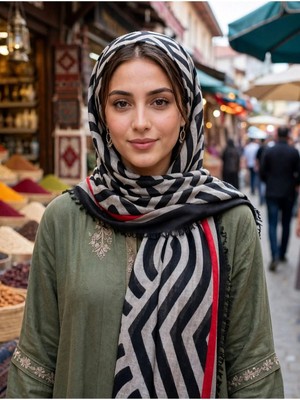 Beyce Başörtü Siyah Kahfe Kırmızı Desenli Dört Mevsim 1 Adet Kaliteli Kullanışlı Güzel Şık (Ebadı : 100 cm x 100 cm )