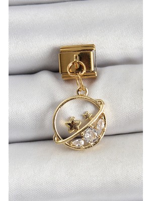 Renas Store 316L Çelik Sallantılı Zirkon Taşlı Satürn Model Gold Renk Nomination Charm