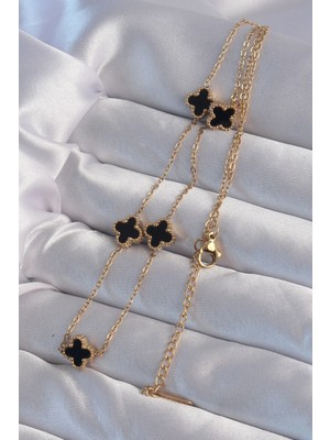 Renas Store 316L Çelik Gold Renk Minimal Siyah Mineli Yonca Kolye