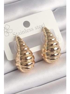 Renas Store Pirinç Gold Renk Işlemeli Damla Model Kadın Küpe
