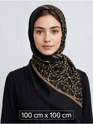 Güzel Kaman Başörtüsü Dört Mevsim Siyah Üstü Hardal Desenli 1 Adet Kaliteli Kullanışlı Güzel Şık ( 100 cm x 100 cm )