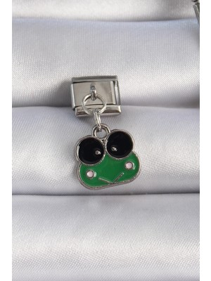 Renas Store 316L Çelik Gümüş Renk Sallantılı Yeşil Kurbağa Figür Nomination Charm