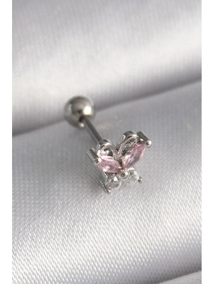 Renas Store 316L Çelik Gümüş Renk Pembe Zirkon Taşlı Kelebek Tragus Piercing