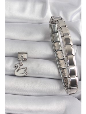Renas Store 316L Çelik Gümüş Renk Sallantı Beyaz Kuğu Model Nomination Charm