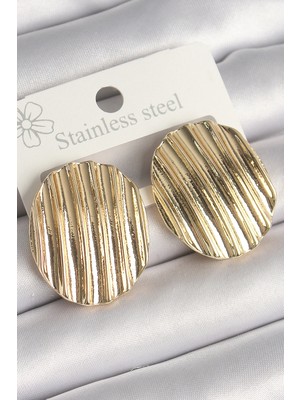 Renas Store Pirinç Gold Renk Işlemeli Daire Plaka Model Kadın Küpe