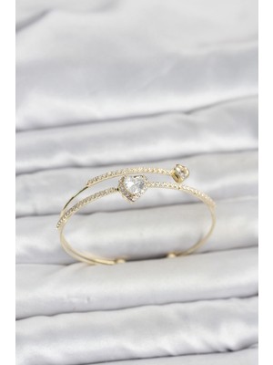 Renas Store Pirinç Gold Renk Kalp Model Zirkon Taşlı Kadın Bileklik