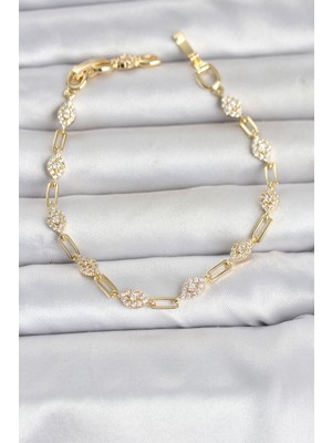 Kap Kaç Gold Renk Zirkon Taşlı Ataç Zincir Model Kadın Bileklik