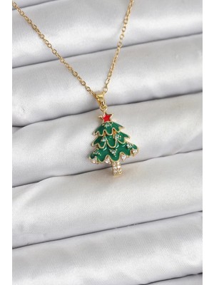 Renas Store 316L Çelik Zincir Gold Renk Çam Ağacı Model Yılbaşı Temalı Kadın Kolye - TJ-BKO10720