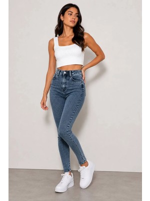 St.Poll Likralı Yüksek Bel Kar Yıkama Mavi Skinny Fit Jeans Pantolon