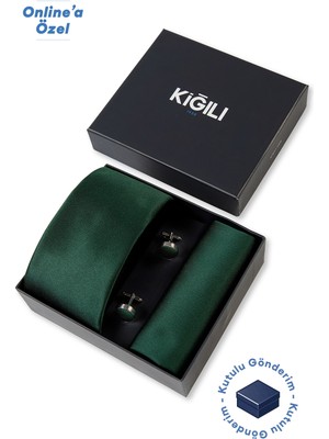 Kiğılı 3'lü Desenli Kravat & Mendil & Kol Düğmesi Hediye Kutulu Set