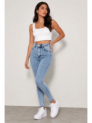 St.Poll Likralı Yüksek Bel Kar Yıkama Skinny Fit Jeans Pantolon