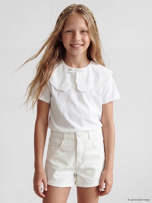 LC Waikiki Lcw Kids Ekru Bebe Yaka Fiyonklu Kız Çocuk Tişört