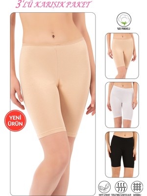 Özkan Underwear Özkan 0413 3'lü Paket Kadın %95 Pamuklu Likralı Süprem Kumaş Karışık Renk Esnek Rahat Yumuşak Diz Üstü Toparlayıcı Yüksek Bel Kısa Tayt