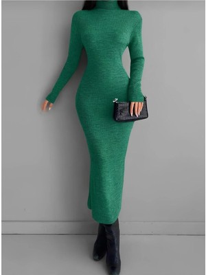 Exit Collection Balıkçı Yaka Vücudu Saran Kadın Triko Uzun Elbise 125 cm