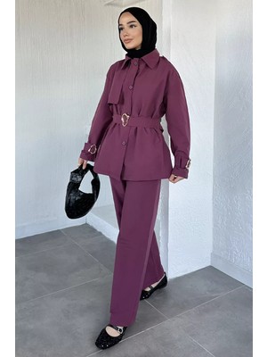 Julude Kemerli Astarlı Trenç Pantolon Tesettür Ikili Takım P-00021464