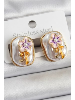 Renas Store Pirinç Beyaz Mineli Inci Detaylı Çiçek Figürlü Sanatsal Portre Model Gold Renk Kadın Küpe - TJ-BKP10692