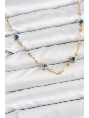 Renas Store 316L Çelik Gold Renk Nazarlı ve Topçuklu Model Kadın Kolye - TJ-BKO10814