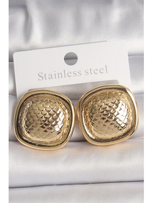 Renas Store Pirinç Gold Renk Işlemeli Kare Model Kadın Küpe