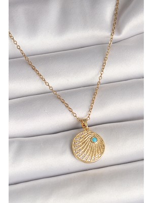 Renas Store 316L Çelik Gold Renk Zincir Zirkon Taş Işlemeli Mavi Taş Detaylı Madalyon Model Kadın Kolye TJ-BKO9964