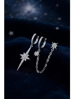 Uravas Store 3 Lü Set Küpe Gümüş Renk Zincir Detaylı TJ-BKP11953