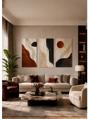 Zera Wall Mdf Tablo 3’lü Bej, Siyah ve Kiremit Tonlu Soyut Geometrik Set – Modern Salon ve Ofis Duvar
