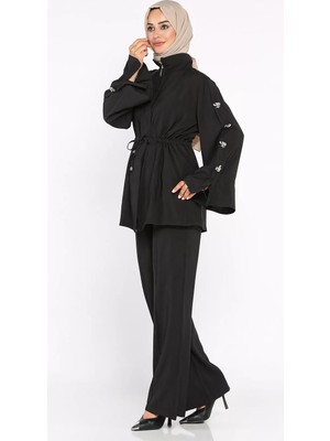 Julude Bel Bağlama Detaylı Ön Fermuarlı Tunik Pantolon Tesettür Ikili Takım P-00022702